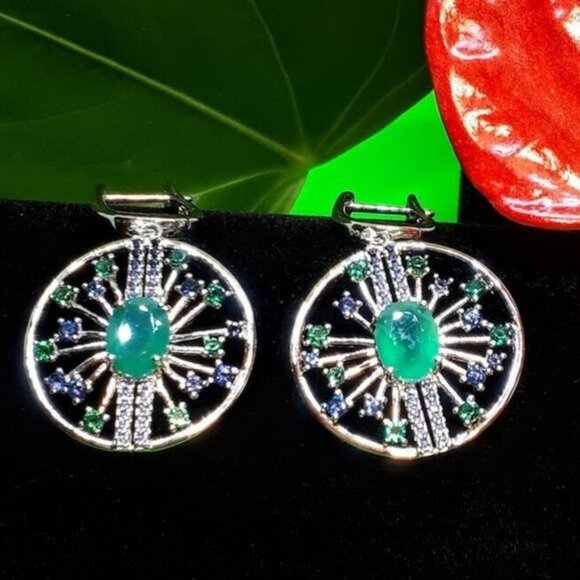 Natural Green Agate & CZ 925 Sterling Silver Round Earrings. - Picture 7 of 7